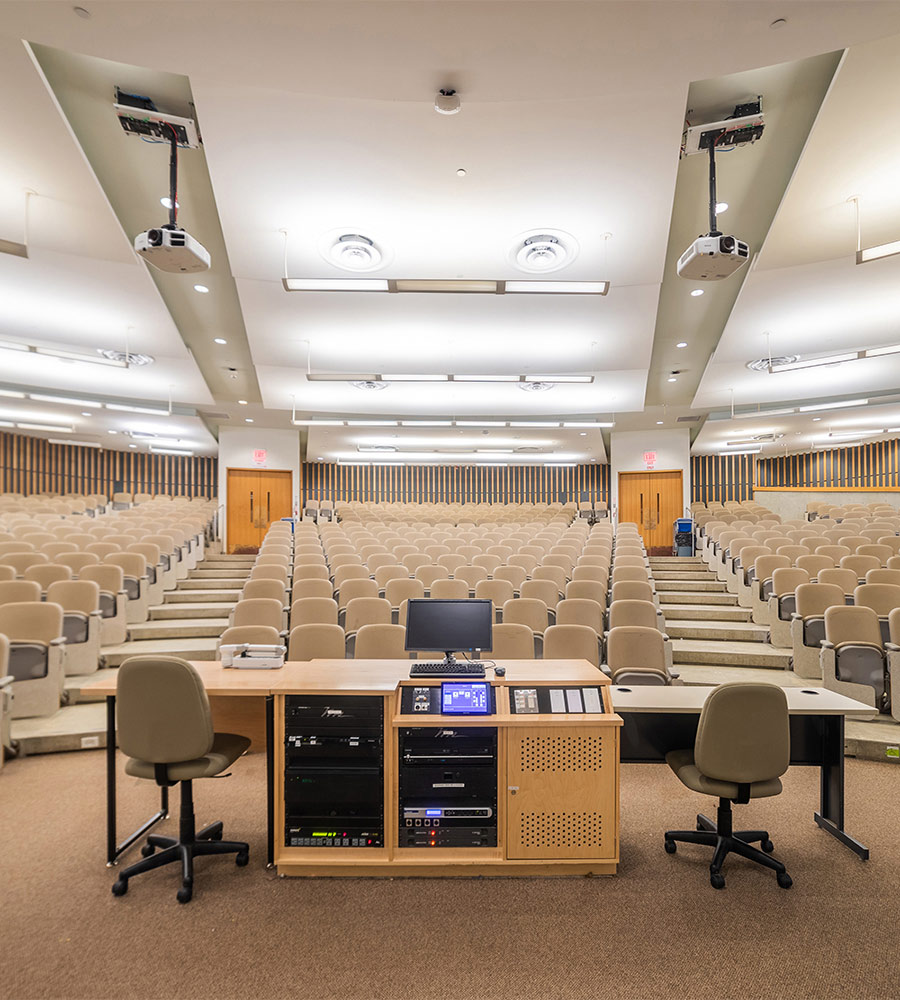 Theatre style lecture room with fixed chairs