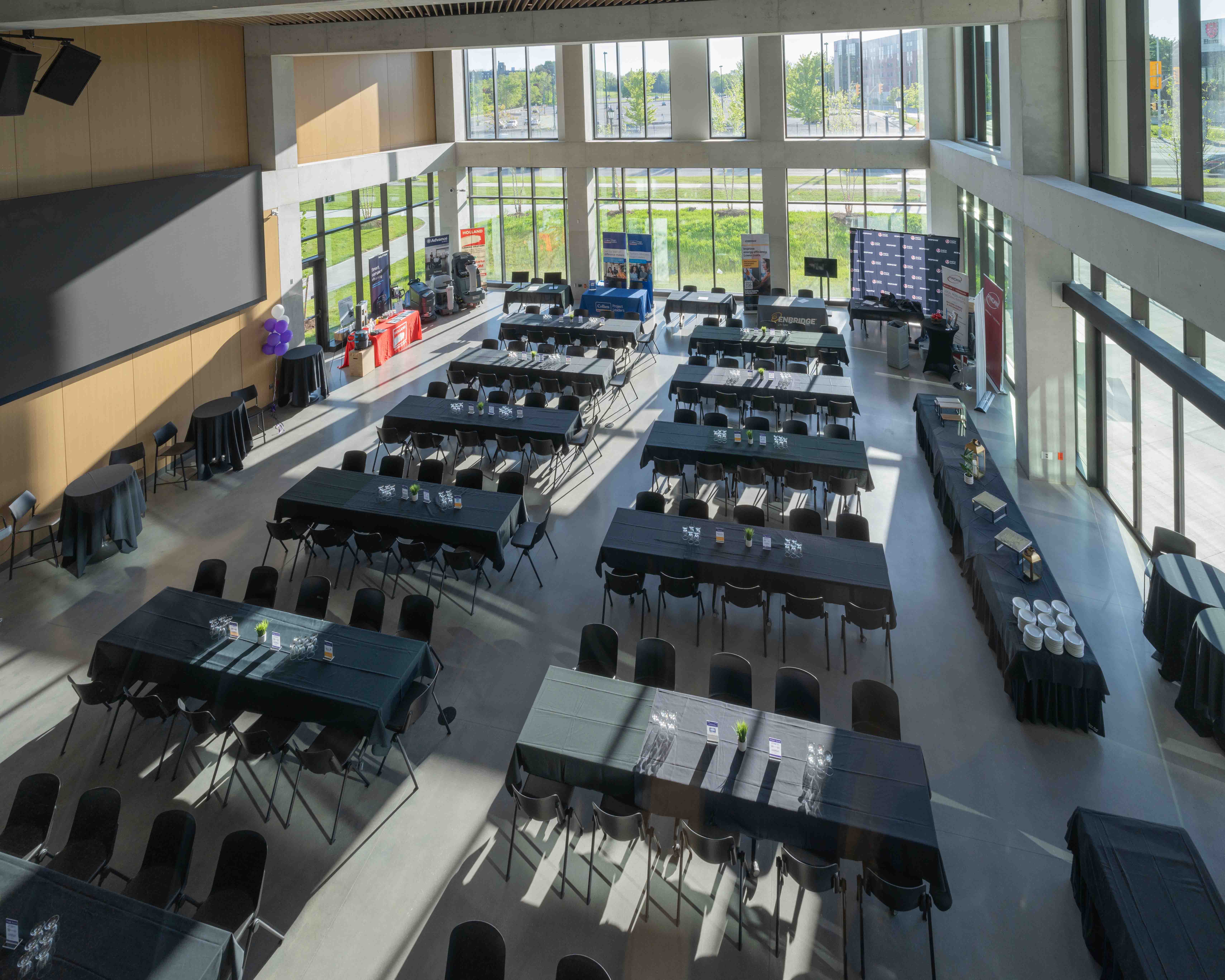 Overhead view of the grandhall with tables setup.